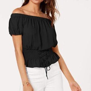 Ultra Flirt Juniors Smocked Lace Up Top in Black - Size Small